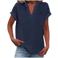 Close-up of navy blue V-neck blouse with rolled short sleeves and linen texture - Navy Blue