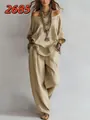 Elegant summer casual loose linen two-piece set featuring 3/4 sleeve top and wide-leg pants - S / Top And Bottom / Khaki