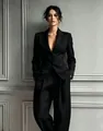 Sophisticated black single-breasted blazer paired with fluid wide-leg trousers suit set. - S / Top And Bottom / Black