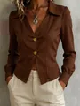 Detailed shot of a professional brown long-sleeve V-neck blouse with gold button accents - S / Tops / Dark Brown
