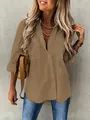 Women's loose long-sleeved khaki shirt with lapel collar and front pockets - S / Tops / Brown