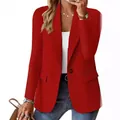 Elegant red long sleeve blazer for women autumn casual solid color open front jacket - Red