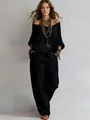 Stylish loose black linen two-piece set featuring off-shoulder top and wide-leg pants - S / Top And Bottom / Black