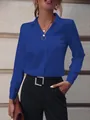 Elegante blusa de manga larga para mujer en azul real con cuello en V y cuello clásico - Azul marino