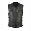 Classic black leather motorcycle vest with side lacing and multiple functional zippers - S / Tops / Black