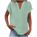 Detail showing the V-neck and folded short sleeves of this light green linen-texture blouse. - Light Green