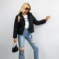 Stylish black short stand-up collar puffer jacket for women with loose fashion fit - Black / L