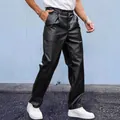Premium windproof men's black leather pants featuring a stylish loose straight-leg fit - S / Bottoms / Black