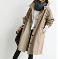 Trench-coat décontracté à capuche mi-long pour femme, couleur kaki à boutons. - S / Hauts / Kaki