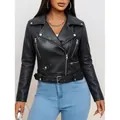 Giacca da motociclista classica in finta pelle nera da donna con cintura e cerniere - Taglia S / Top / Nero P05
