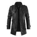 Stylish black men's mid-length faux leather trench coat with slim fit stand collar - L / Tops / Black