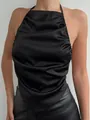 Sexy backless black satin halter neck top with ruched front and handkerchief hem detail - One Size / Tops / Black