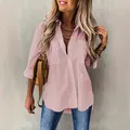 Detail view of a stylish pink loose lapel shirt with front pockets for women - Pink
