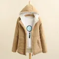 Detailed view of women's khaki hooded puffer jacket with warm white fleece lining - Khaki