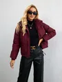 Fashionable wine red short stand collar puffer jacket with a loose fit for women - Burgundy / L