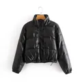 Detail of a chic black PU leather puffer jacket with stand collar and snap buttons - S / Tops / Black