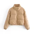 Close-up macro view of high-quality khaki faux leather puffer jacket with stylish stand collar - XL / Tops / Khaki