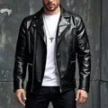 Men's black PU leather motorcycle jacket featuring lapels and decorative zippers - S / Tops / Black