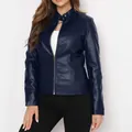 Stylish women's navy blue faux leather motorcycle jacket with sleek stand collar design - 1XL / Tops / Dark Blue