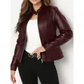Stylish women's short stand collar burgundy faux leather jacket for motorcycle fashion - 1XL / Tops / Burgundy