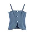 Close-up detail of a blue denim camisole featuring white pearl buttons and a stylish front slit - XS / Tops / Light Blue