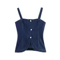 Detailed flat lay of a slim-fit dark blue denim camisole with white pearl buttons - XS / Tops / Dark Blue