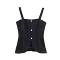 Detailed view of dark blue denim camisole with pearl buttons and split hem. - M / Tops / Black