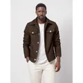 Front view of men's brown textured wool jacket with gold buttons on model - M / Tops / Dark Brown