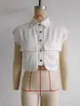 White cropped denim vest with large utility pockets and casual button-down front - S / Tops / White