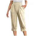 Solid color cotton linen loose casual pants with elastic waist and large pockets - Apricot