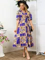 Elegant women's blue and yellow chain print midi dress with V-neck and puff sleeves - Blue Gold Chain Print (Color 3)
