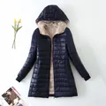 Detail of women's navy mid-length hooded jacket with warm sherpa fleece lining - S / Tops / Navy Blue