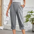 Casual grey cotton linen cropped pants with elastic waist and large pockets - S / Bottoms / Light Gray