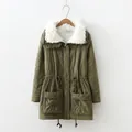 Detail view of olive green women's winter parka with white lamb wool collar and drawstring - S / Tops / Army Green