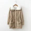 Khaki women parka with white faux shearling collar and drawstring waist details - S / Tops / Khaki