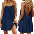 Mini robe dos nu plissée bleu marine à bretelles spaghetti pour les vacances à la plage - S / Robes / Bleu marine