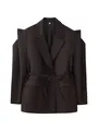 Sophisticated dark brown women's blazer with bold structured shoulders and elegant waist tie - Dark Coffee