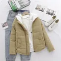 Women's short khaki padded jacket with white lamb wool hood for casual winter look - M / Tops / Khaki