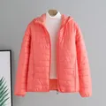 Women's coral pink lightweight hooded puffer jacket with a short and slim-fit design - Watermelon red
