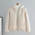 Women's minimalist light beige hooded puffer jacket with quilted design on wooden hanger - Off White