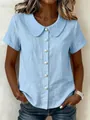 Detailed view of light blue cotton linen shirt with Peter Pan collar and pearl buttons. - S / Tops / Sky Blue