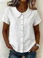 Detail view of white cotton linen short sleeve shirt featuring a Peter Pan collar - S / Tops / White