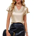 Elegant champagne satin V-neck blouse featuring flutter pleated sleeves for women - S / Tops / Apricot