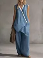 Elegante conjunto bohemio con top asimétrico con cuello en V y pantalón ancho azul empolvado - S / Parte Superior Y Inferior / Azul