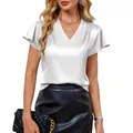 Elegant white V-neck satin blouse with flutter sleeves for a chic professional summer look - S / Tops / White