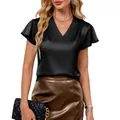 Detail of a chic black V-neck satin blouse with stylish flutter sleeves for summer - S / Tops / Black