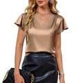 Elegant V-neck satin blouse with flutter sleeves and pleated detail for summer fashion - S / Tops / Khaki