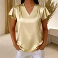 Elegant champagne gold satin V-neck blouse with ruffled short sleeves for women - S / Tops / Apricot