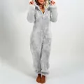 Women's cozy light gray fuzzy fleece hooded jumpsuit onesie with front zipper - S / Top And Bottom / Space Gray