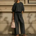 Elegant black cotton linen two-piece set with lantern sleeves and drawstring trousers - S / Top And Bottom / Black